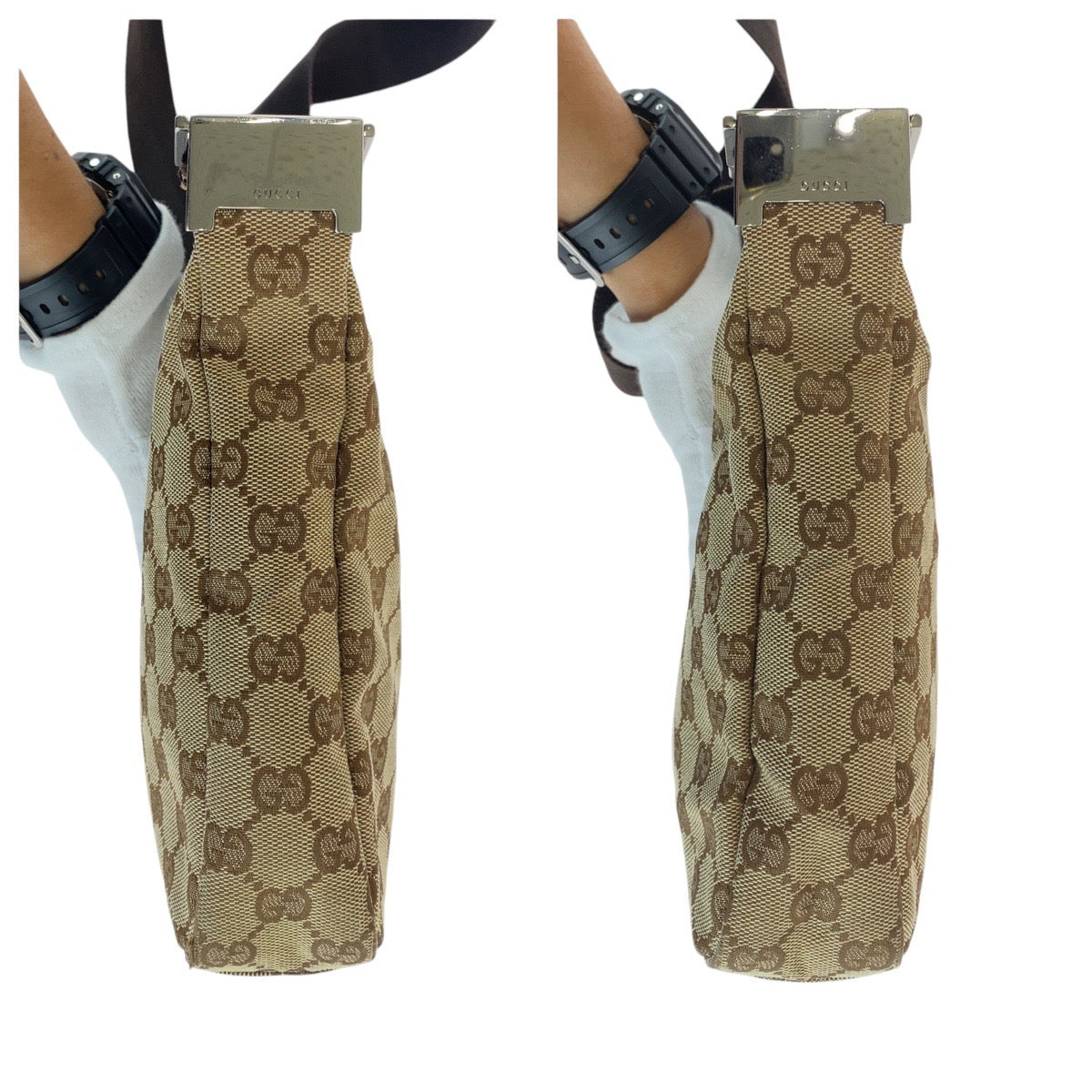 13406
GUCCI グッチ ブラウン ベージュ シルバー金具 GGキャンバス / レザー 35098 ショルダーバッグ ポシェット  レディース