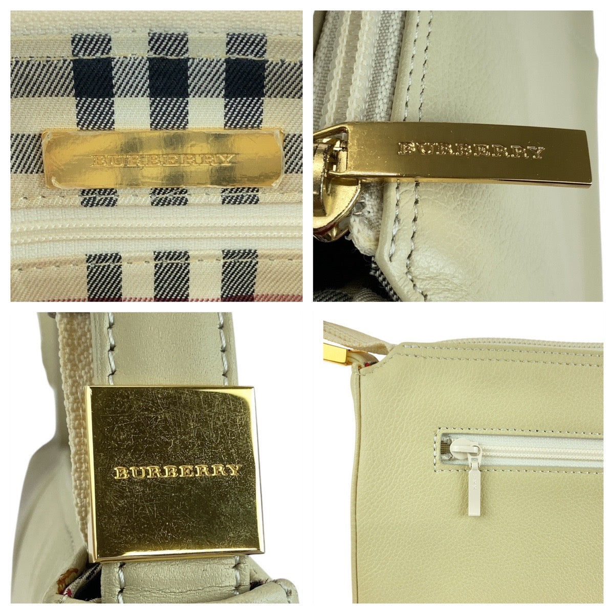 13412
BURBERRY バーバリー 中チェック柄 オフホワイト クリーム ゴールド金具 レザー ショルダーバッグ ハンドバッグ   レディース ABP16