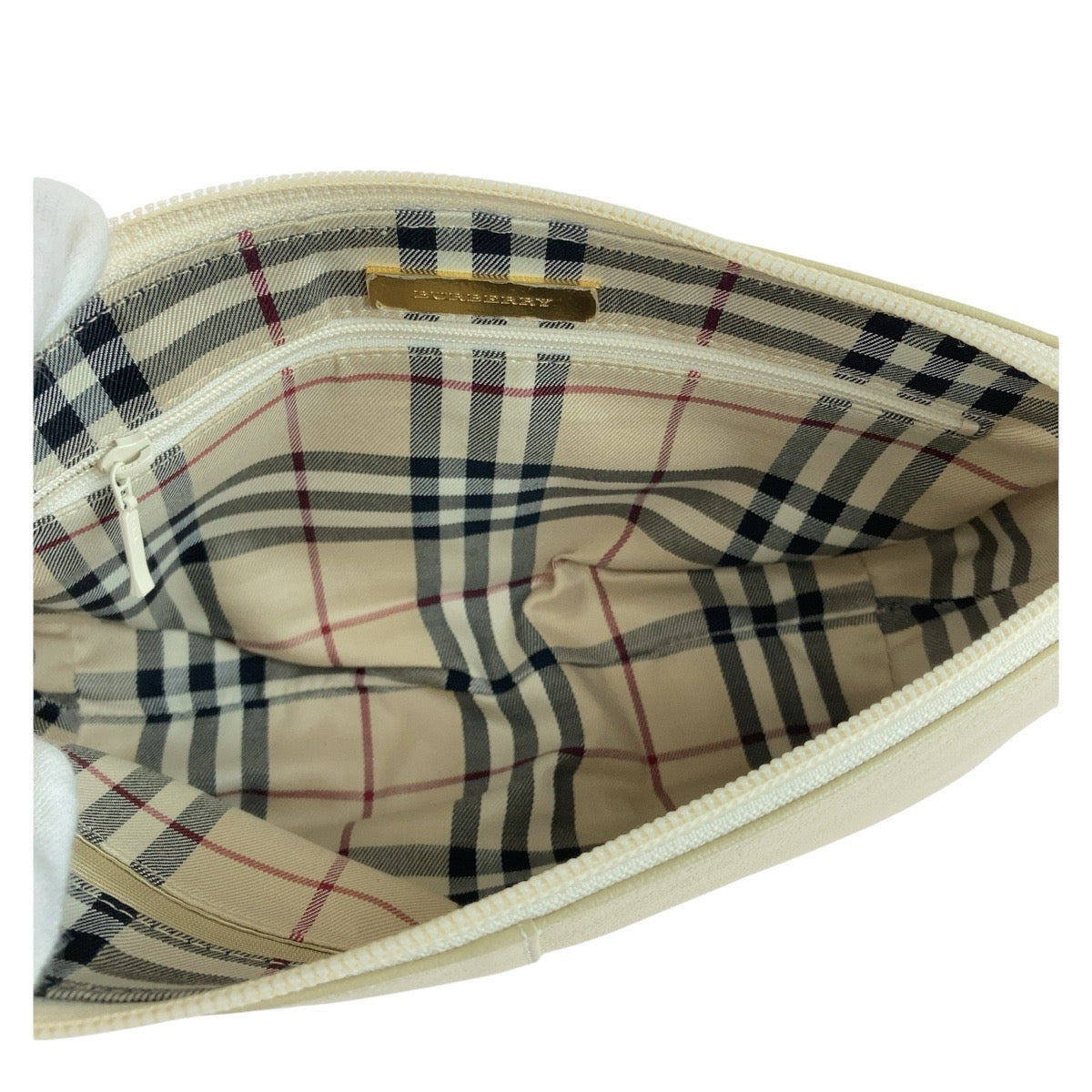 13412
BURBERRY バーバリー 中チェック柄 オフホワイト クリーム ゴールド金具 レザー ショルダーバッグ ハンドバッグ   レディース ABP16