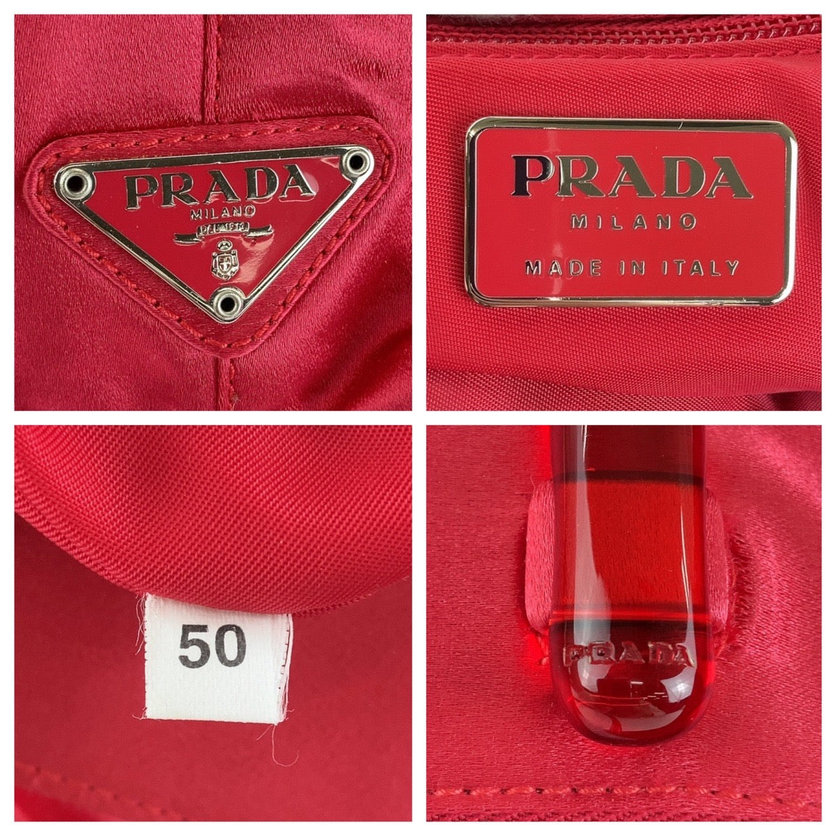 13422
PRADA プラダ 三角ロゴプレート レッド シルバー金具 サテン / プラスチック トートバッグ ハンドバッグ  レディース