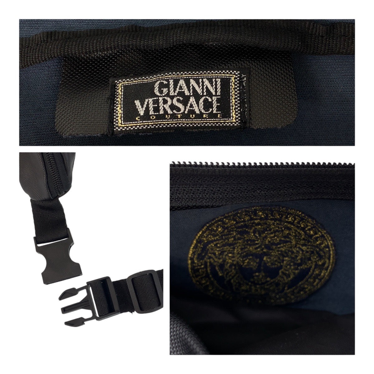 Gianni Versace ジャンニ ヴェルサーチ ヴィンテージ メデューサ 男女兼用 ブラック ゴールド ナイロン ボディバッグ ウエストポーチ  メンズ