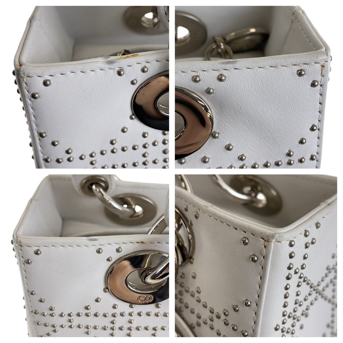 Dior ディオール カナージュ スタッズ レディディオール ミディアム ホワイト レザー ハンドバッグ トートバッグ  レディース