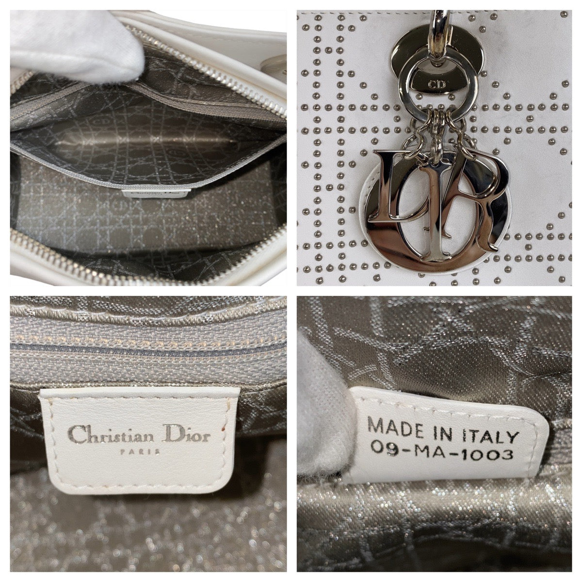 Dior ディオール カナージュ スタッズ レディディオール ミディアム ホワイト レザー ハンドバッグ トートバッグ  レディース