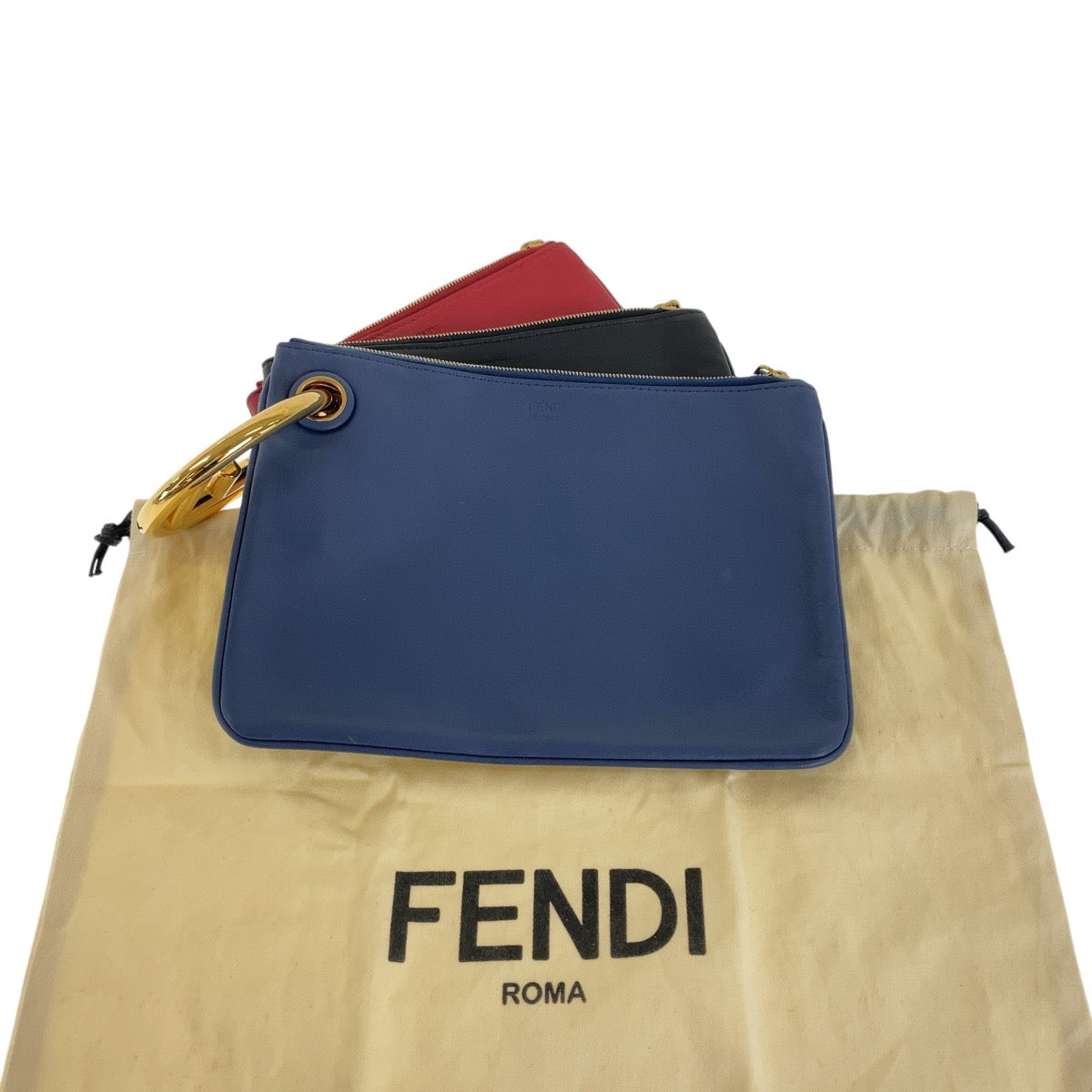 13436
FENDI フェンディ トリプレット ブルー レッド ブラック ゴールド金具 レザー クラッチバッグ アクセサリーポーチ  レディース