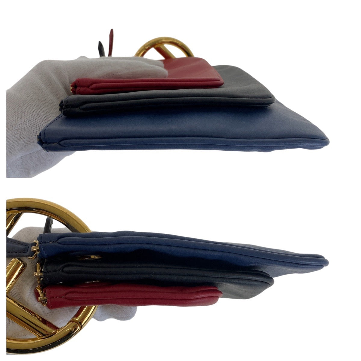 13436
FENDI フェンディ トリプレット ブルー レッド ブラック ゴールド金具 レザー クラッチバッグ アクセサリーポーチ  レディース