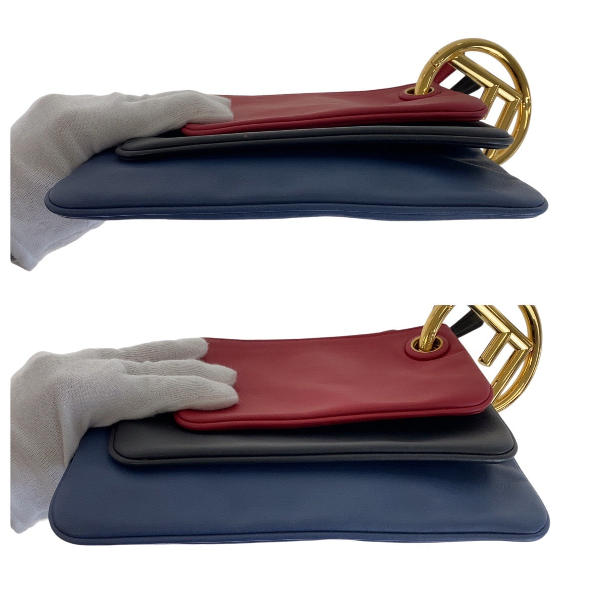 13436
FENDI フェンディ トリプレット ブルー レッド ブラック ゴールド金具 レザー クラッチバッグ アクセサリーポーチ  レディース