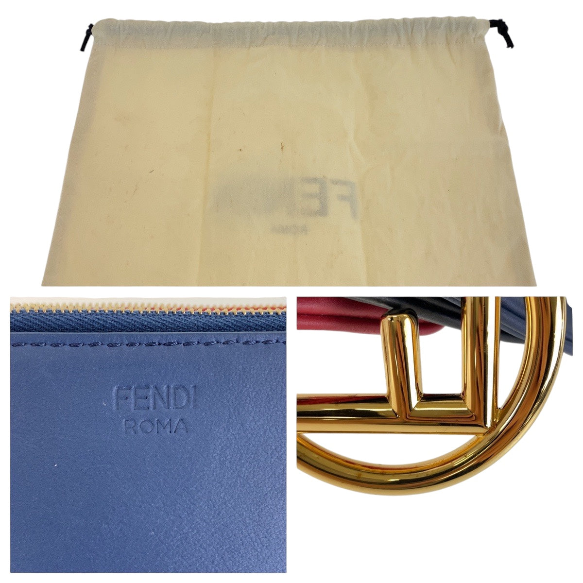 13436
FENDI フェンディ トリプレット ブルー レッド ブラック ゴールド金具 レザー クラッチバッグ アクセサリーポーチ  レディース