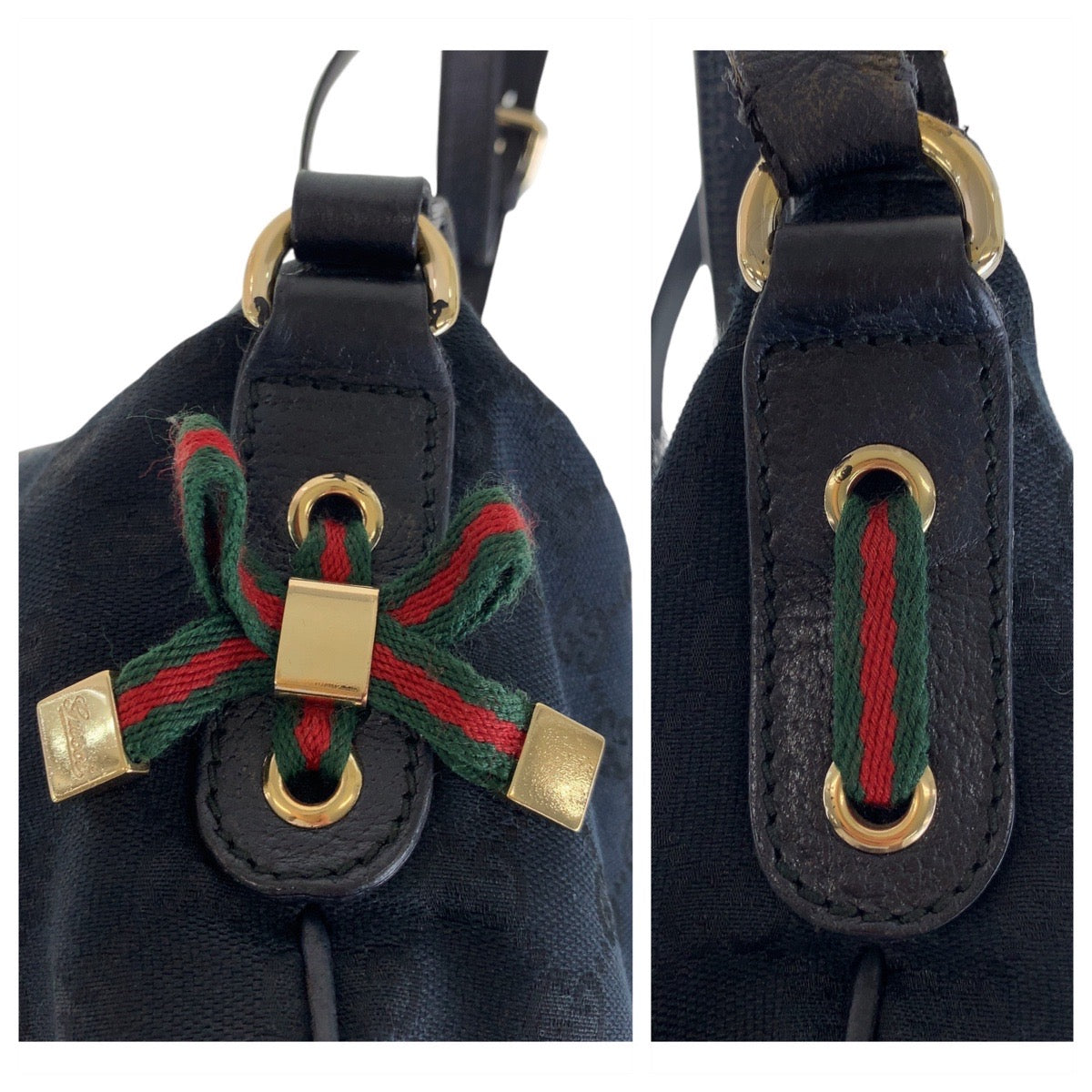 13440
GUCCI グッチ シェリー リボン ブラック 黒 ゴールド金具 GGキャンバス 斜め掛け ショルダーバッグ ポシェット  レディース