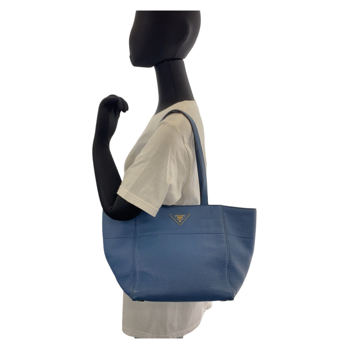 14081
PRADA プラダ 三角ロゴプレート ブルー ゴールド金具 レザー トートバッグ ショルダーバッグ  レディース AB35