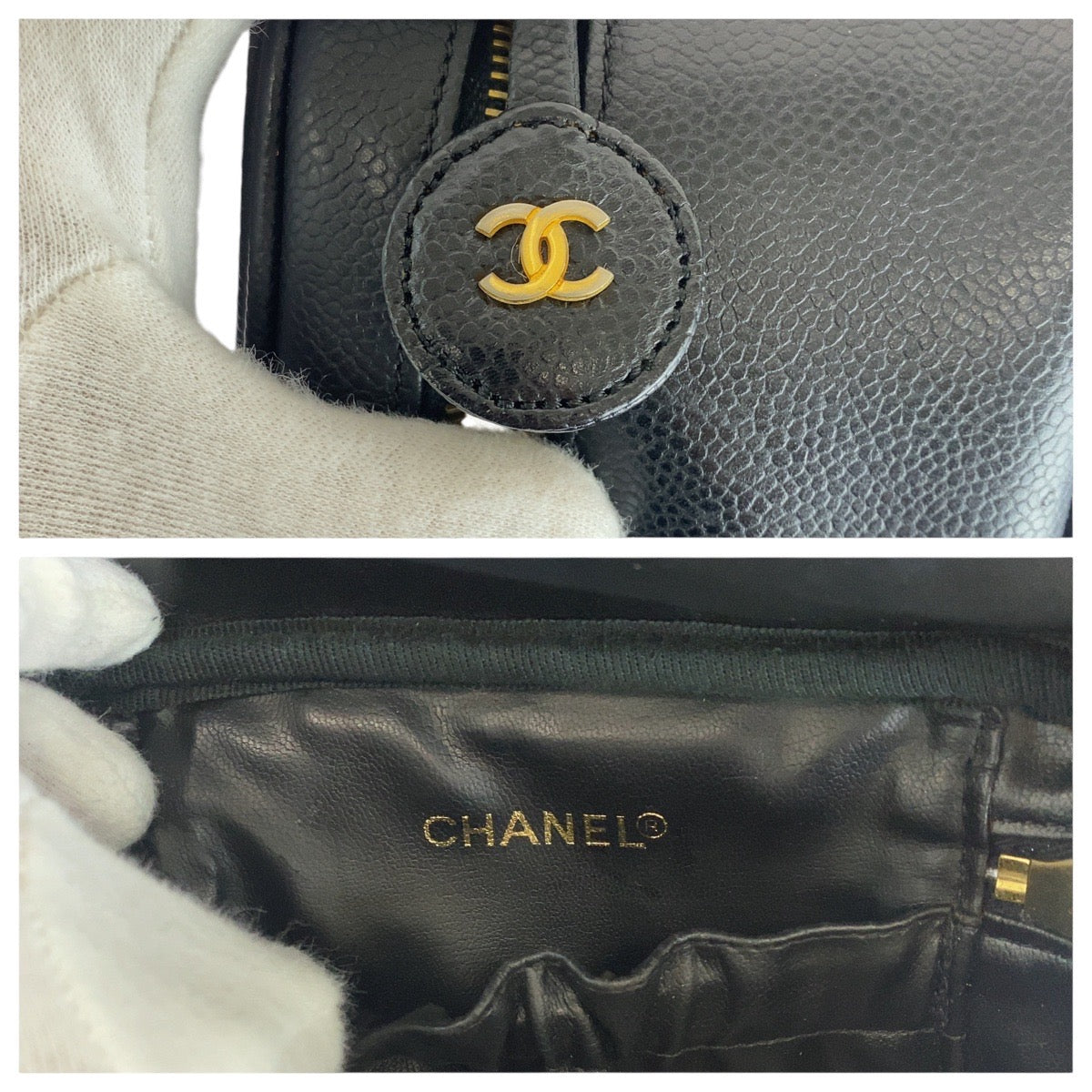 13444
CHANEL シャネル ヴィンテージ ココマーク ブラック ゴールド金具 キャビアスキン ハンドバッグ バニティバッグ  レディース