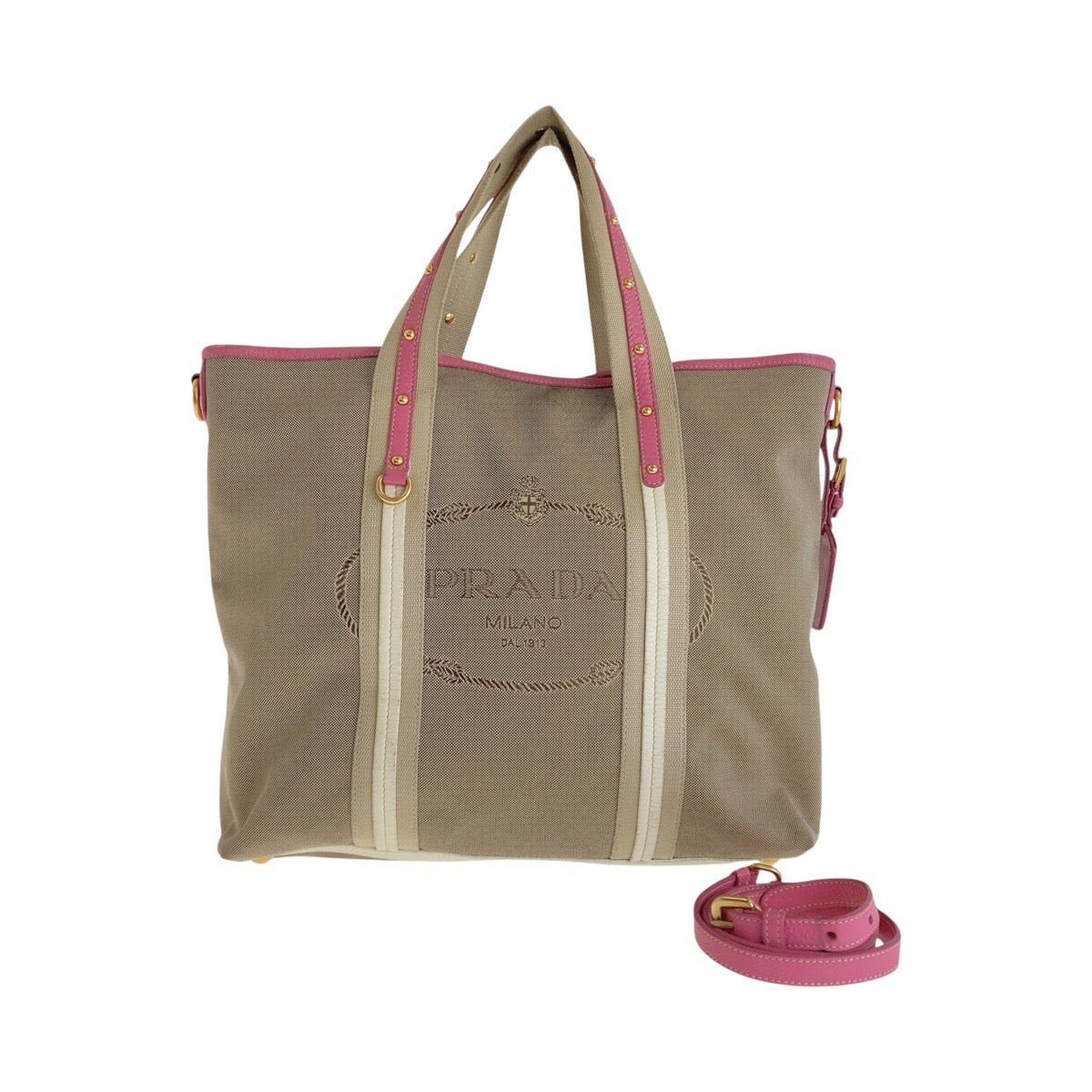 13447
PRADA プラダ ロゴジャガード ベージュ ピンク ゴールド金具 キャンバス / レザー トートバッグ ショルダーバッグ 2way  レディース