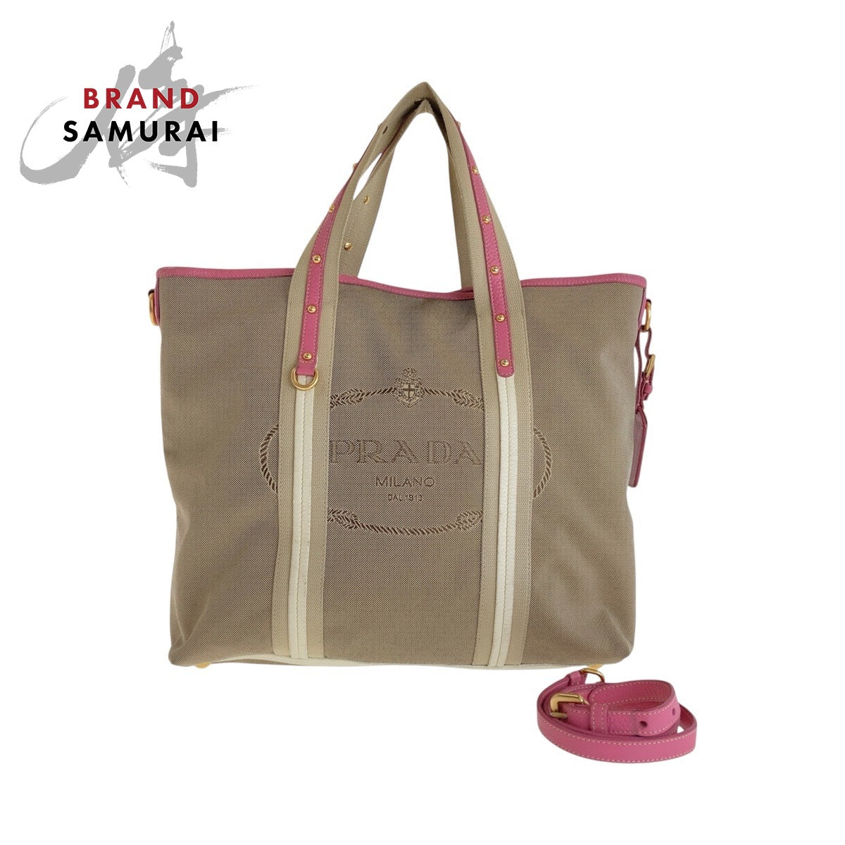 13447
PRADA プラダ ロゴジャガード ベージュ ピンク ゴールド金具 キャンバス / レザー トートバッグ ショルダーバッグ 2way  レディース