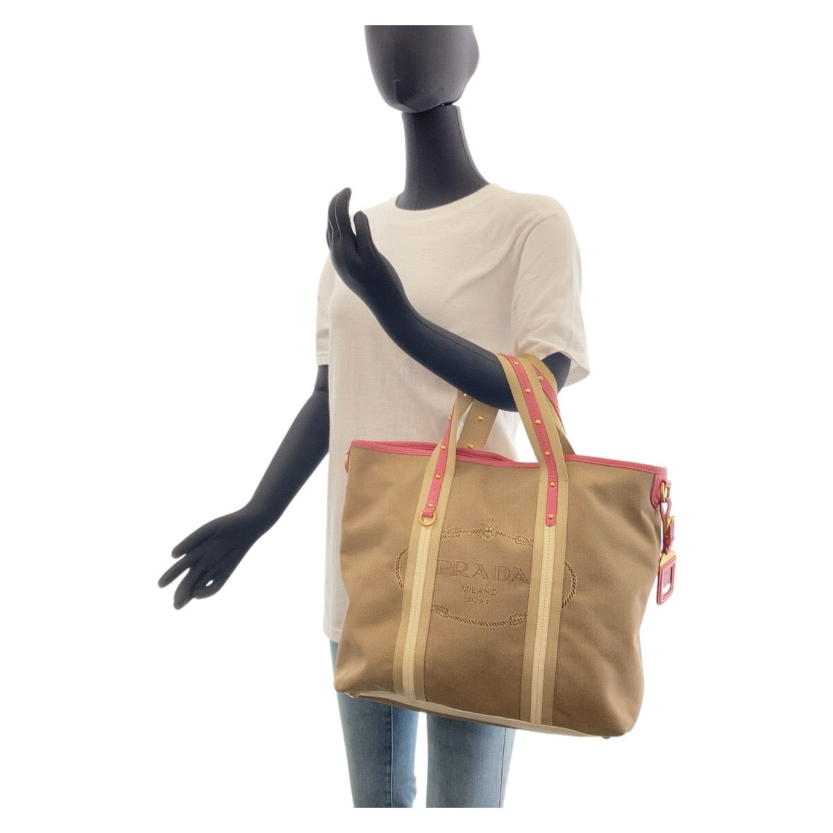13447
PRADA プラダ ロゴジャガード ベージュ ピンク ゴールド金具 キャンバス / レザー トートバッグ ショルダーバッグ 2way  レディース
