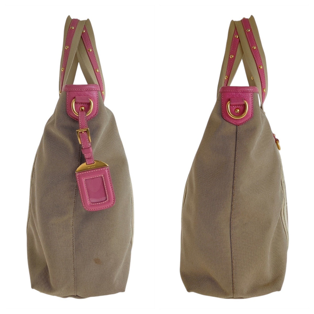 13447
PRADA プラダ ロゴジャガード ベージュ ピンク ゴールド金具 キャンバス / レザー トートバッグ ショルダーバッグ 2way  レディース
