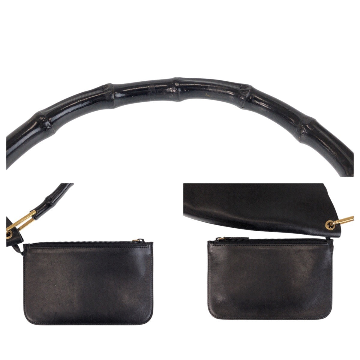 13463
GUCCI グッチ バンブー ポーチ付き ブラック 黒 ゴールド金具 レザー 001 1553 1880 ショルダーバッグ ホーボー  レディース