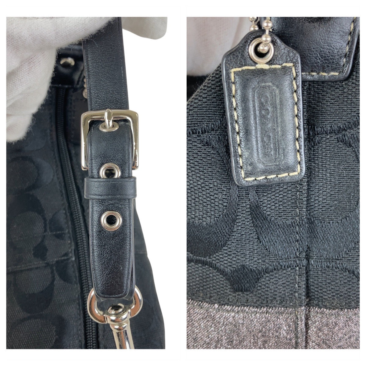 COACH コーチ シグネチャー ブラック シルバー金具 キャンバス / レザー ハンドバッグ アクセサリーポーチ  レディース
