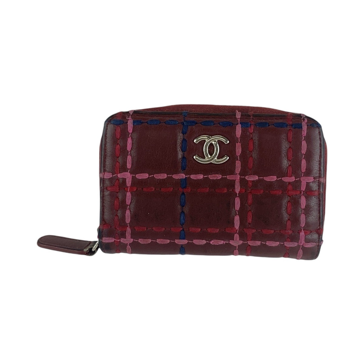 12775
CHANEL シャネル ステッチ ココマーク ワインレッド ボルドー シルバー金具 ラムスキン 折財布 コインケース  レディース
