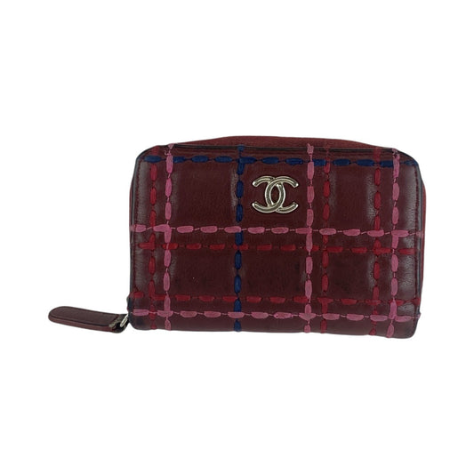 12775
CHANEL シャネル ステッチ ココマーク ワインレッド ボルドー シルバー金具 ラムスキン 折財布 コインケース  レディース