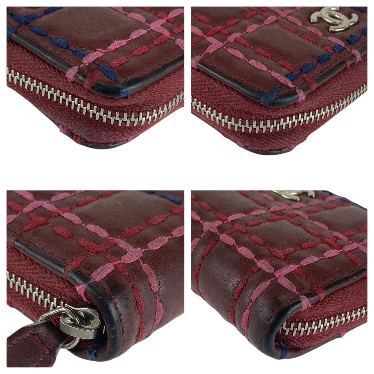 12775
CHANEL シャネル ステッチ ココマーク ワインレッド ボルドー シルバー金具 ラムスキン 折財布 コインケース  レディース