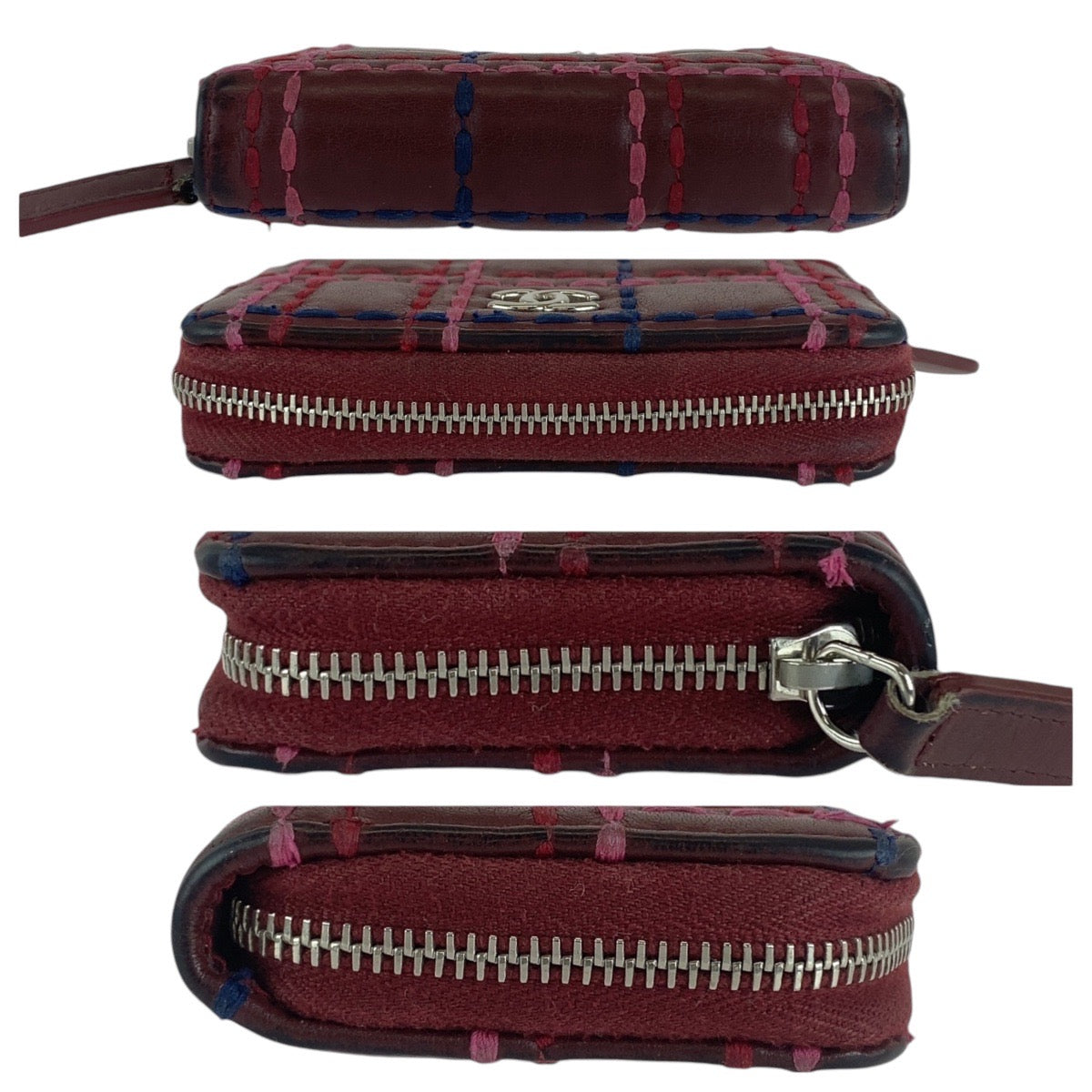 12775
CHANEL シャネル ステッチ ココマーク ワインレッド ボルドー シルバー金具 ラムスキン 折財布 コインケース  レディース