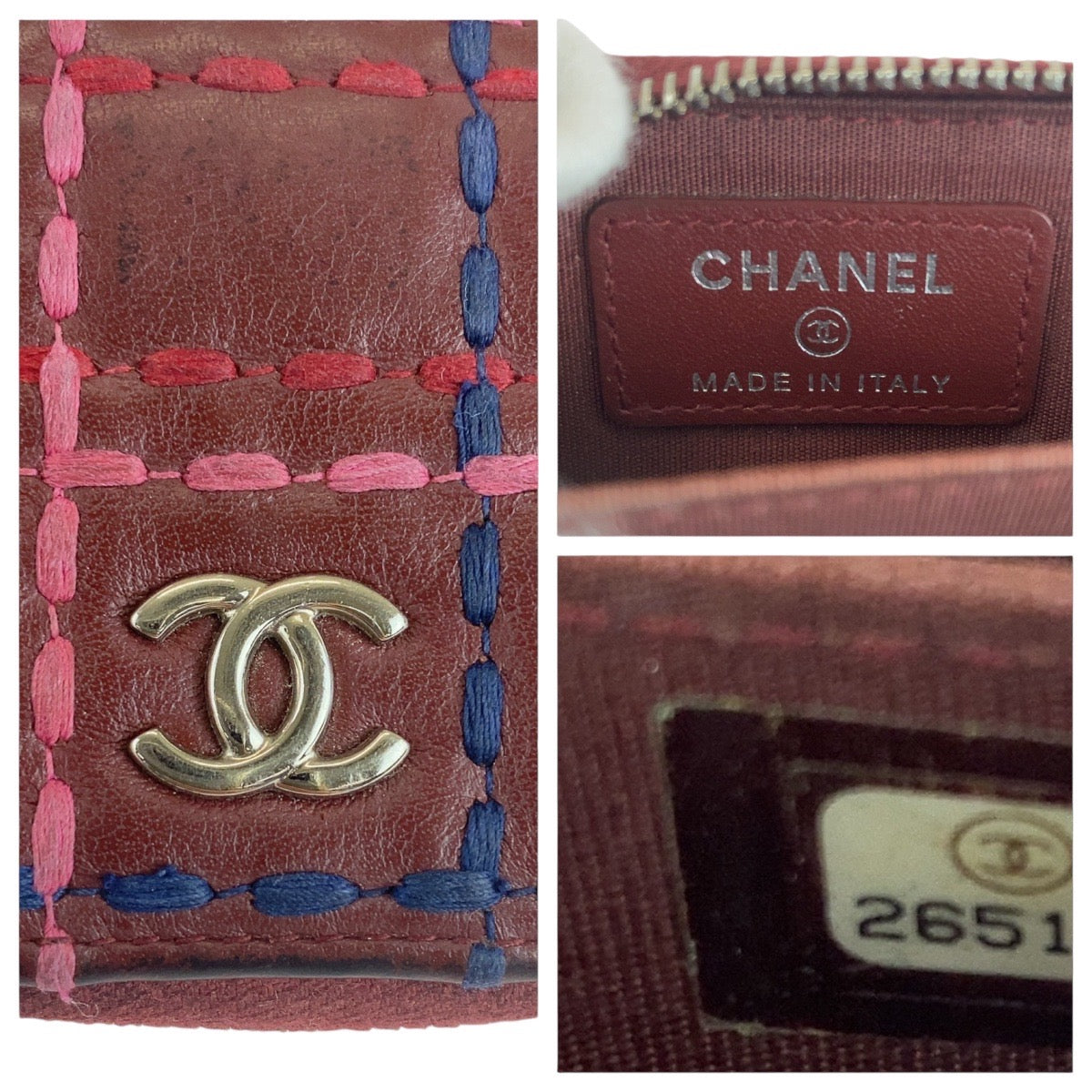 12775
CHANEL シャネル ステッチ ココマーク ワインレッド ボルドー シルバー金具 ラムスキン 折財布 コインケース  レディース