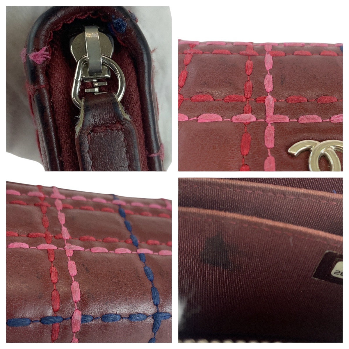 12775
CHANEL シャネル ステッチ ココマーク ワインレッド ボルドー シルバー金具 ラムスキン 折財布 コインケース  レディース