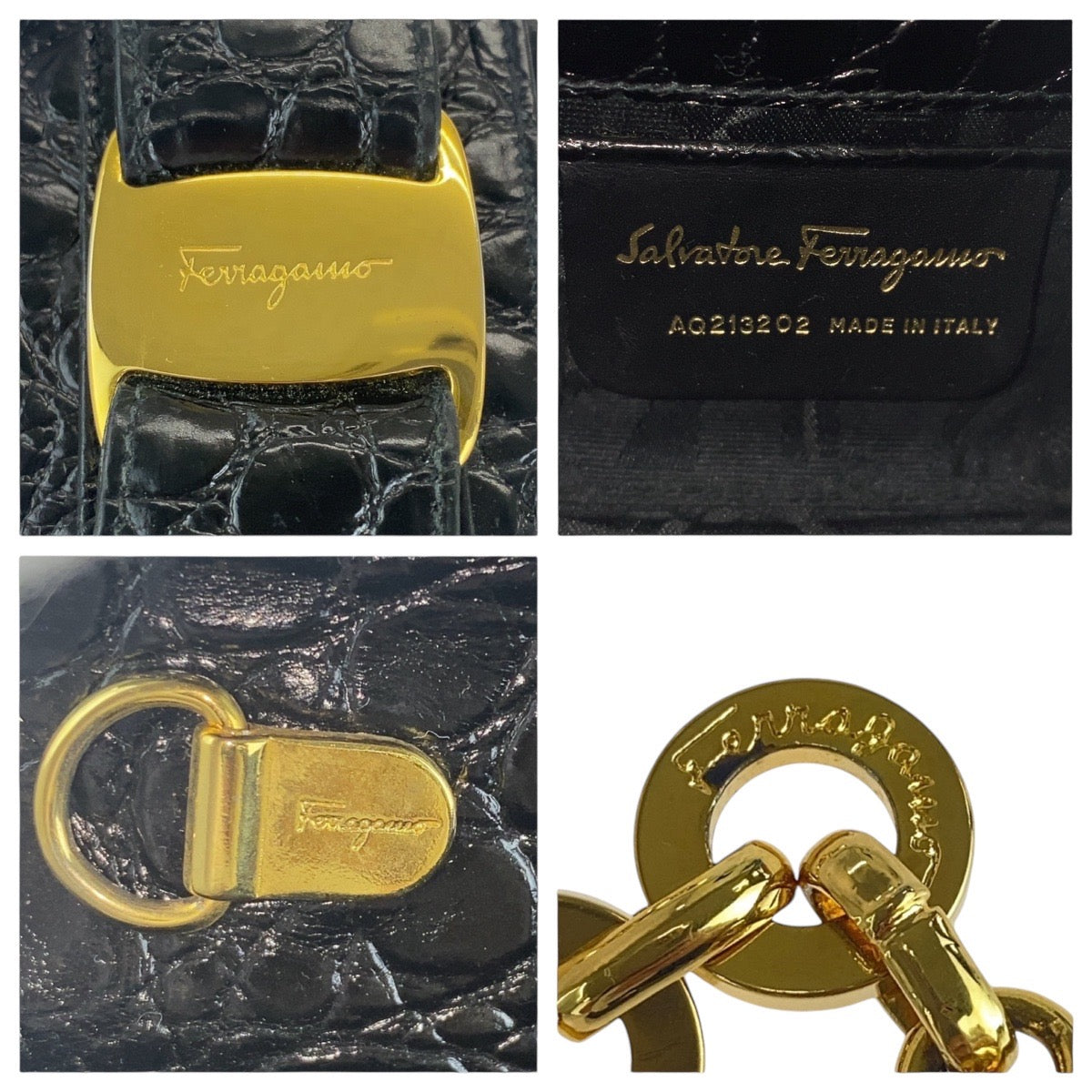 13493
Salvatore Ferragamo サルヴァトーレフェラガモ ヴィンテージ ヴァラ 型押し ブラック 黒 ゴールド金具 レザー チェーンショルダーバッグ ポシェット  レディース