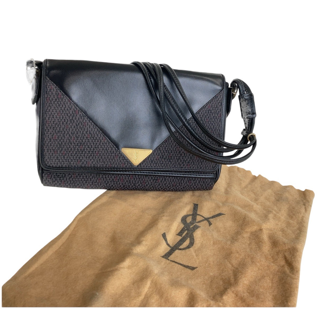 13501
YVES SAINT LAURENT イヴ サンローラン ヴィンテージ YSL パープル ブラック ゴールド金具 キャンバス / レザー ショルダーバッグ ポシェット  レディース