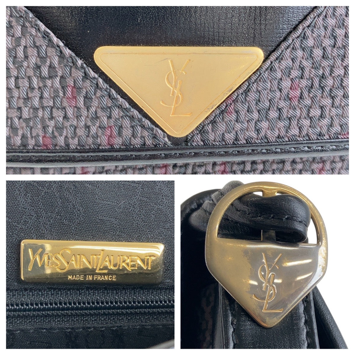 13501
YVES SAINT LAURENT イヴ サンローラン ヴィンテージ YSL パープル ブラック ゴールド金具 キャンバス / レザー ショルダーバッグ ポシェット  レディース