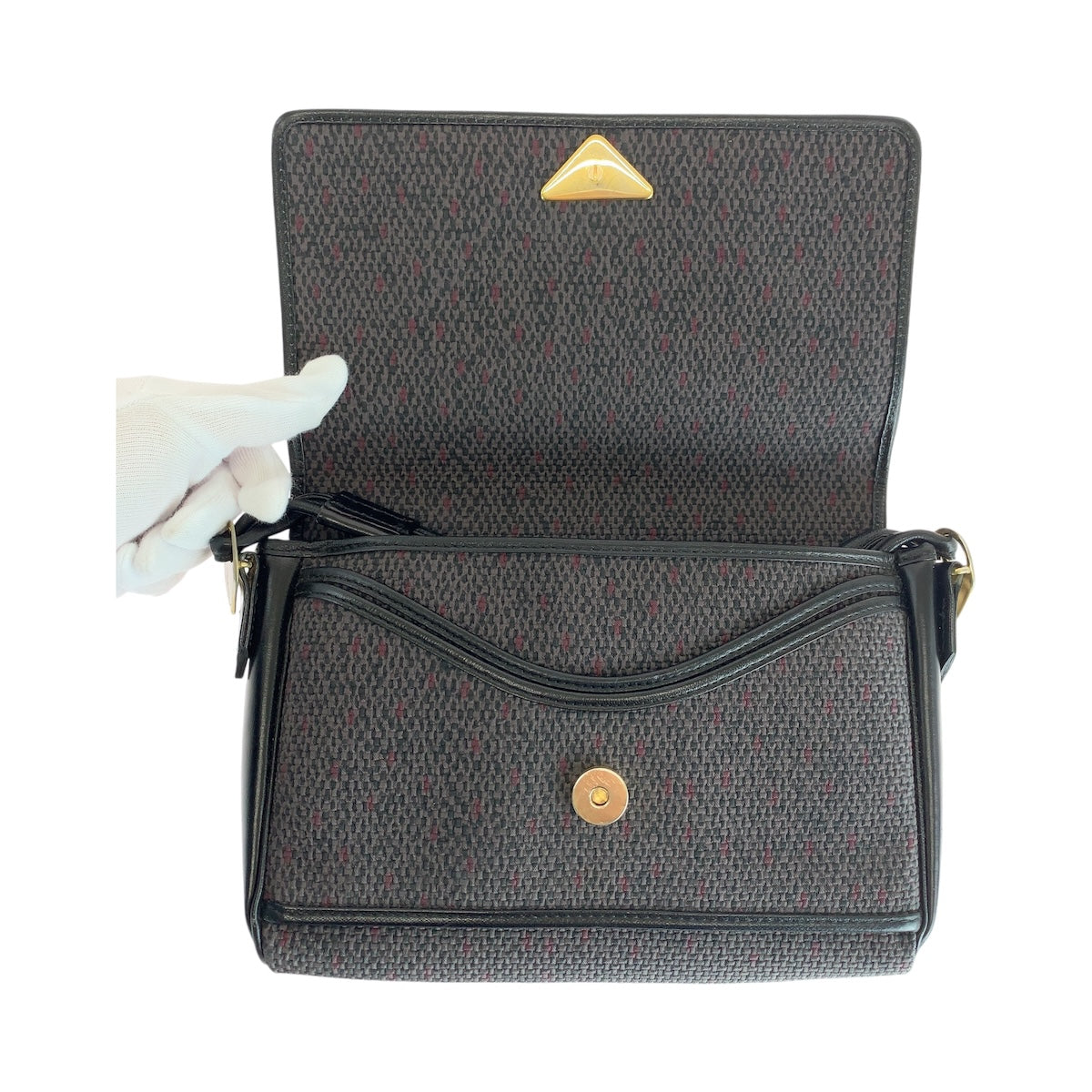 13501
YVES SAINT LAURENT イヴ サンローラン ヴィンテージ YSL パープル ブラック ゴールド金具 キャンバス / レザー ショルダーバッグ ポシェット  レディース