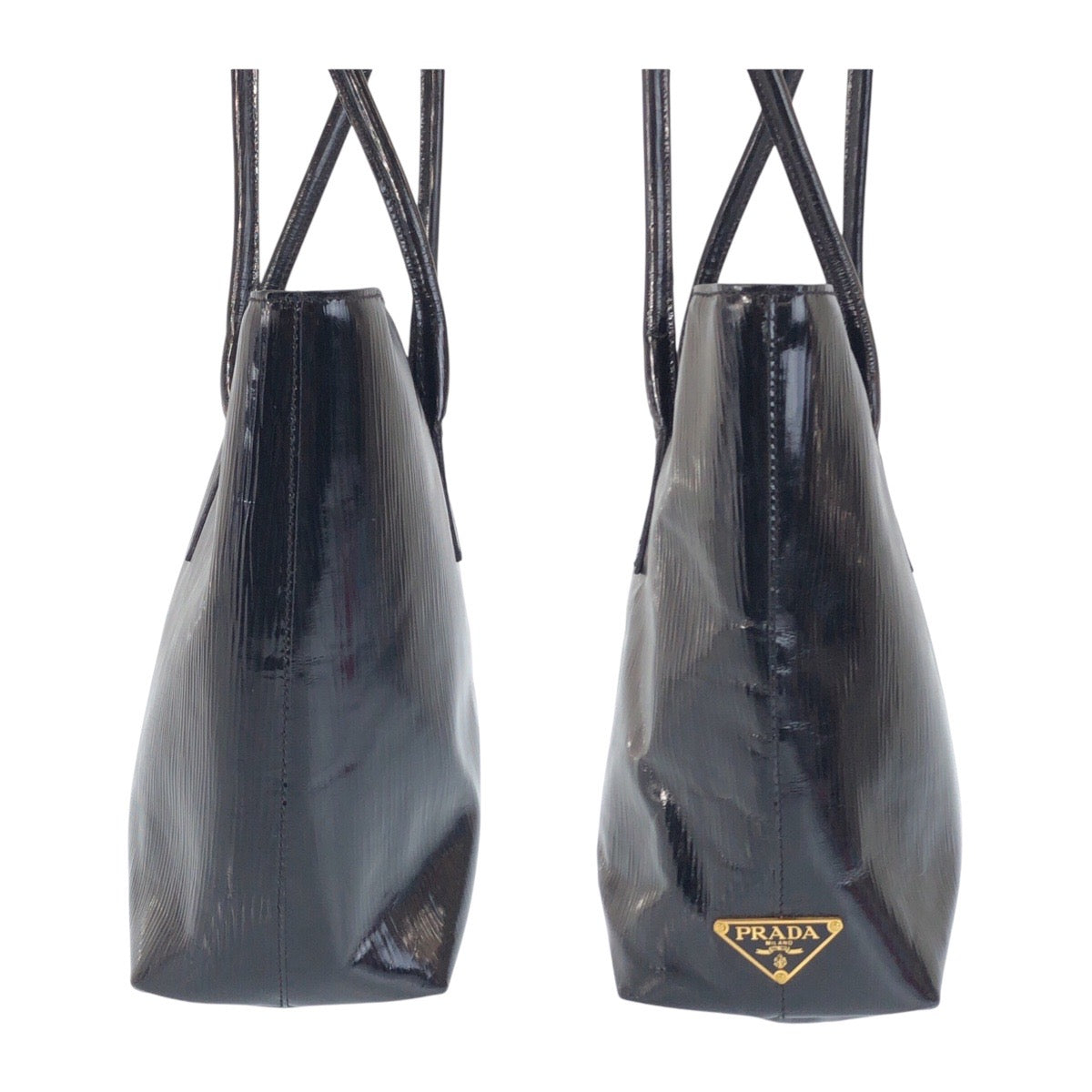13507
PRADA プラダ 三角ロゴプレート ブラック ゴールド金具 パテントレザー トートバッグ ショルダーバッグ  レディース
