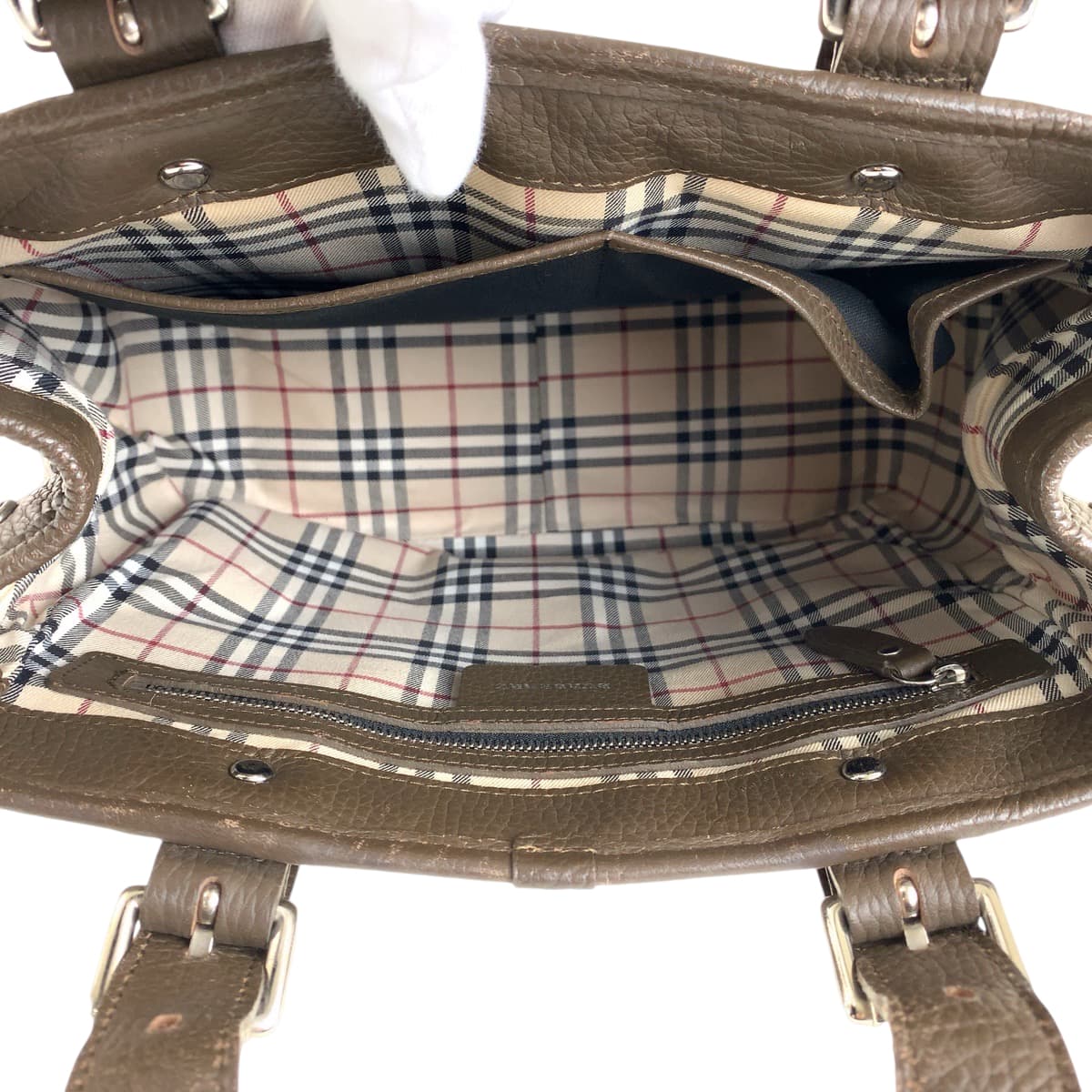13509
BURBERRY バーバリー 中チェック柄 ブラウン シルバー金具 レザー トートバッグ ハンドバッグ  レディース AB13