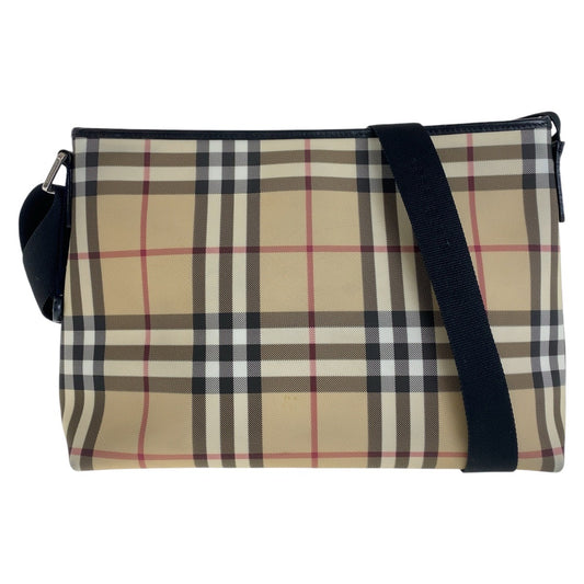 13510
BURBERRY バーバリー チェック柄 ベージュ シルバー金具 キャンバス ショルダーバッグ ポシェット 男女兼用  レディース
