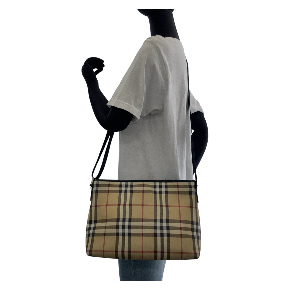 13510
BURBERRY バーバリー チェック柄 ベージュ シルバー金具 キャンバス ショルダーバッグ ポシェット 男女兼用  レディース