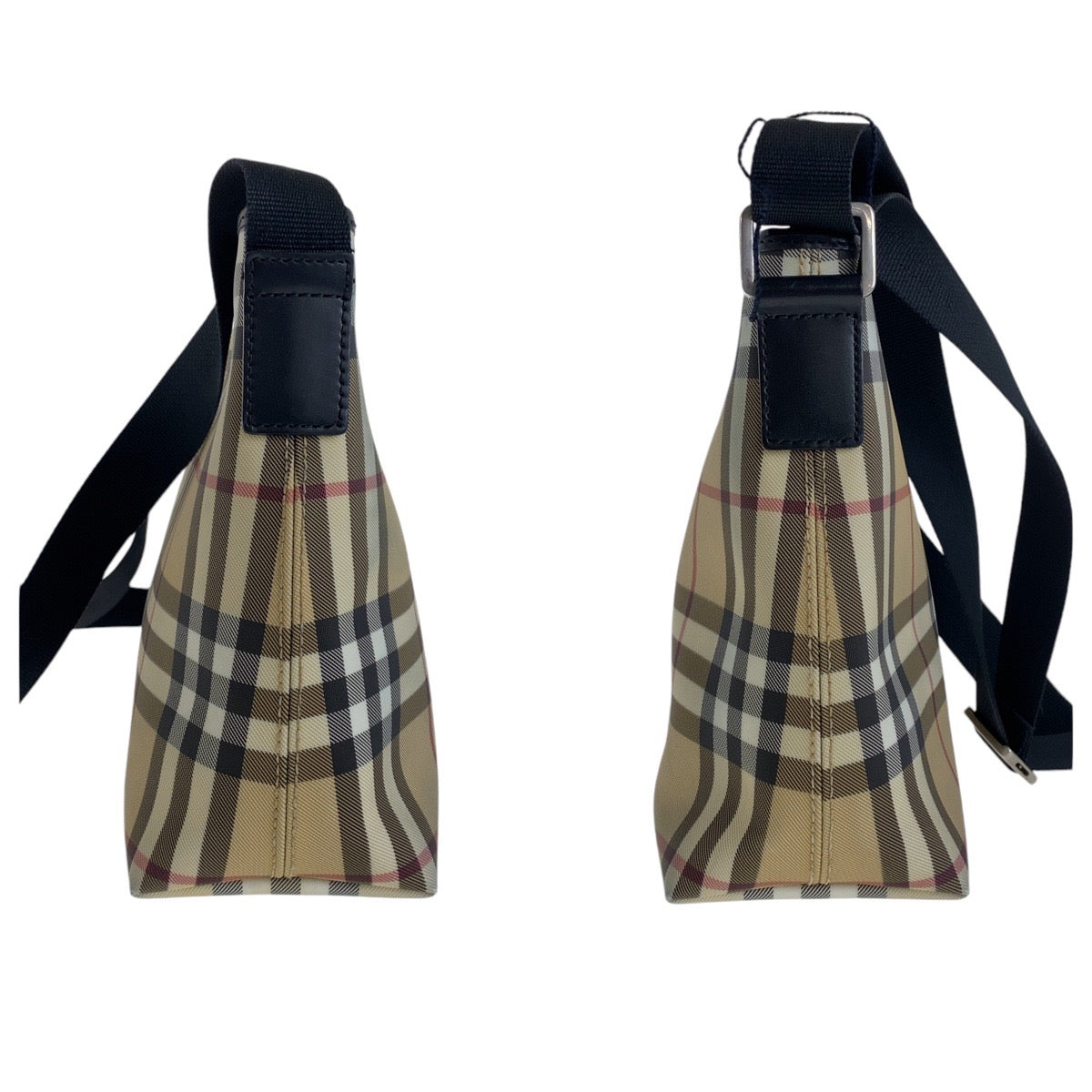 13510
BURBERRY バーバリー チェック柄 ベージュ シルバー金具 キャンバス ショルダーバッグ ポシェット 男女兼用  レディース