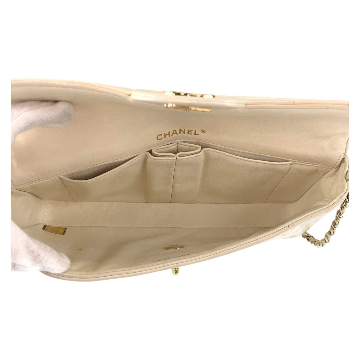 13511
CHANEL シャネル チョコバー ココマーク ターンロック ホワイト ゴールド金具 ラムスキン ショルダーバッグ チェーンショルダーバッグ  レディース