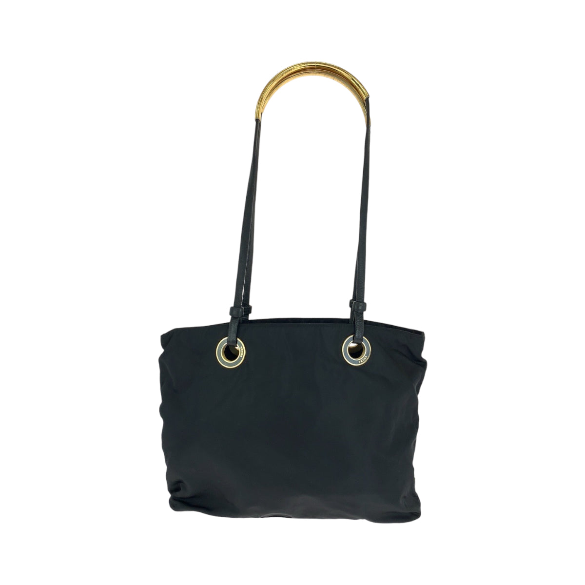 13476
 PRADA Vintage Tessuto Triangle Logo Plate Circle Logo Black Gold Hardware Nylon Tote Bag Shoulder Bag Women's