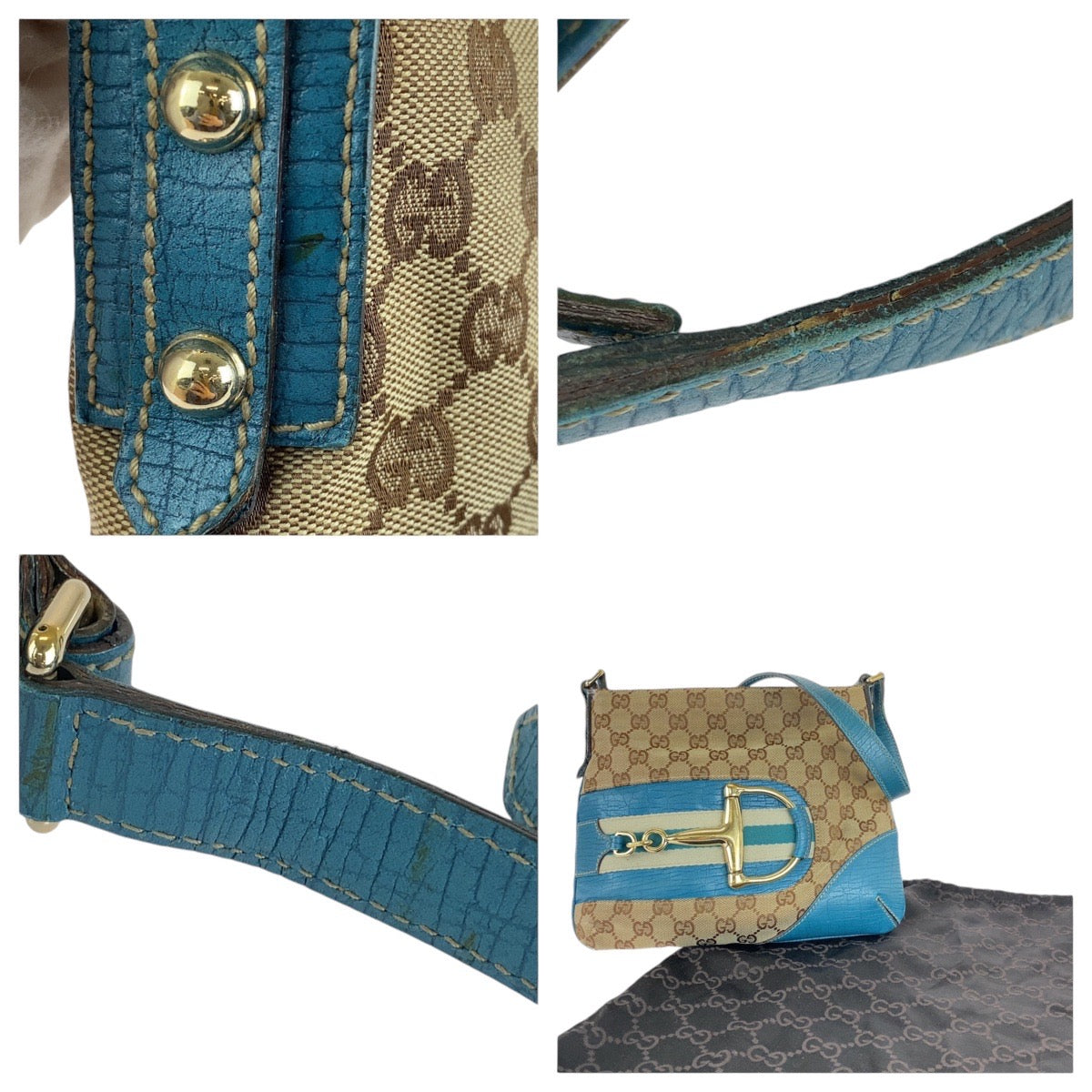 13526
GUCCI グッチ シェリーライン ホースビット ライトブルー ベージュ ゴールド金具 GGキャンバス / レザー ショルダーバッグ ポシェット  レディース