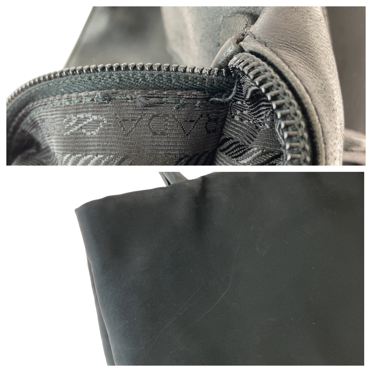 13528
PRADA プラダ 三角ロゴプレート リボン ブラック 黒 ゴールド金具 ナイロン / レザー トートバッグ ハンドバッグ  レディース