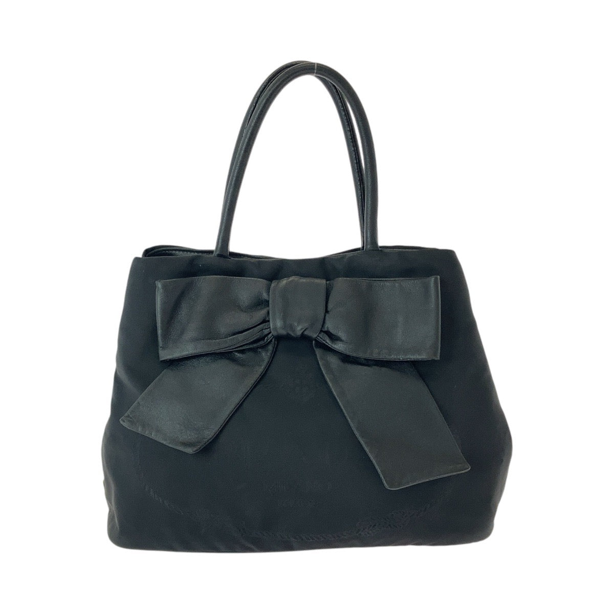 13528
PRADA プラダ 三角ロゴプレート リボン ブラック 黒 ゴールド金具 ナイロン / レザー トートバッグ ハンドバッグ  レディース