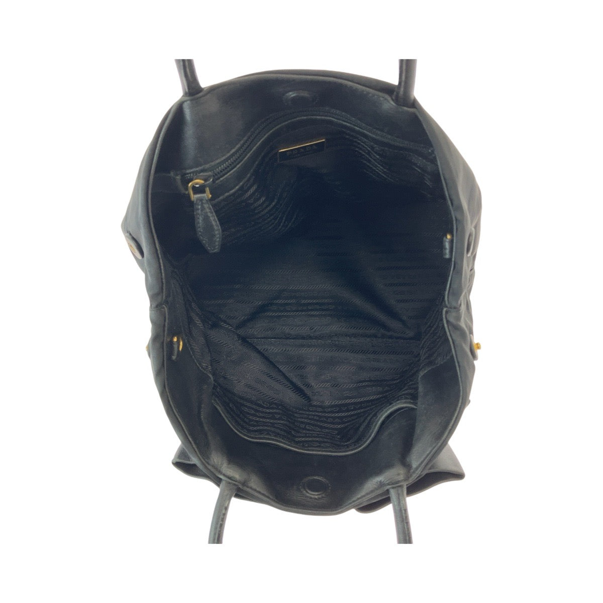 13528
PRADA プラダ 三角ロゴプレート リボン ブラック 黒 ゴールド金具 ナイロン / レザー トートバッグ ハンドバッグ  レディース