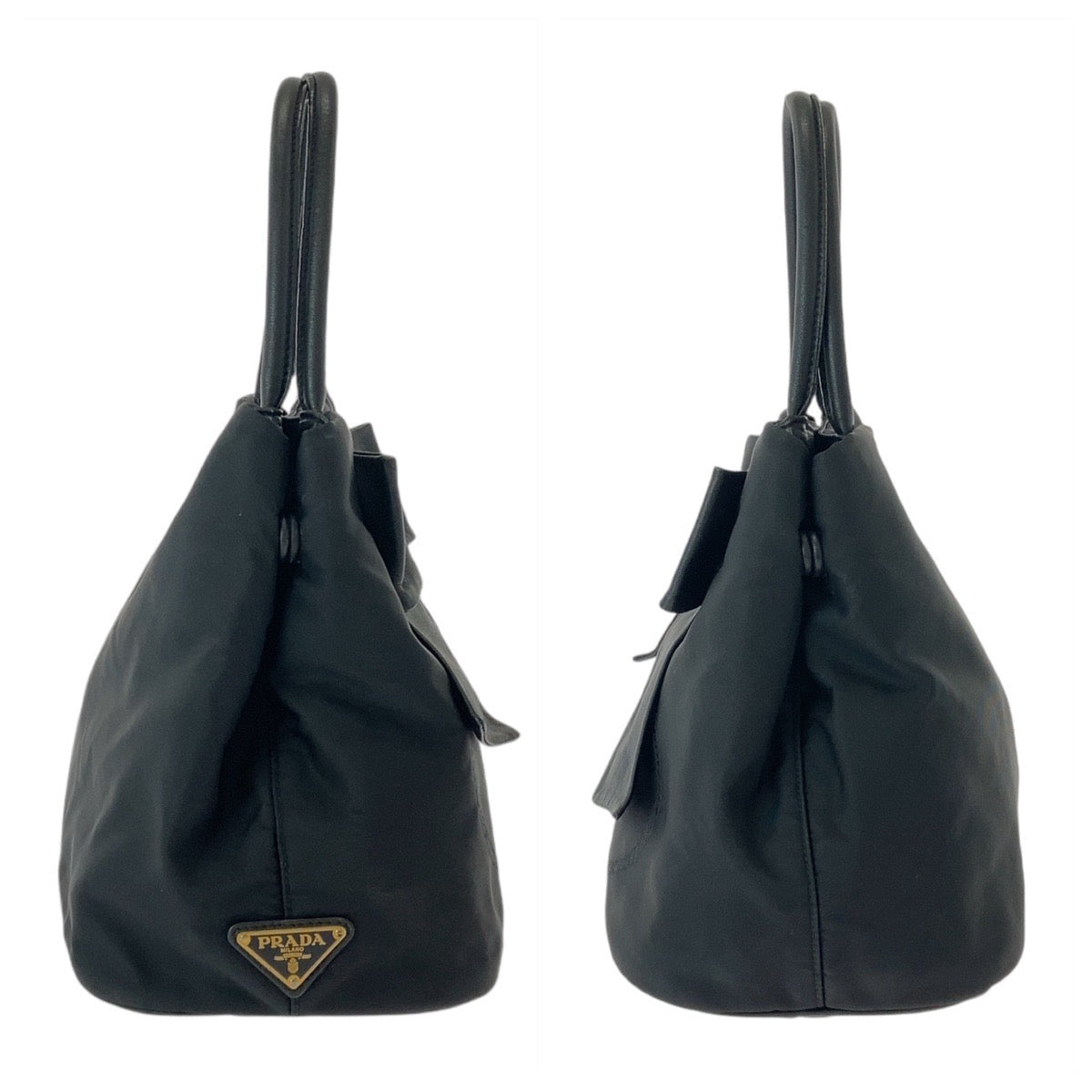 13528
PRADA プラダ 三角ロゴプレート リボン ブラック 黒 ゴールド金具 ナイロン / レザー トートバッグ ハンドバッグ  レディース