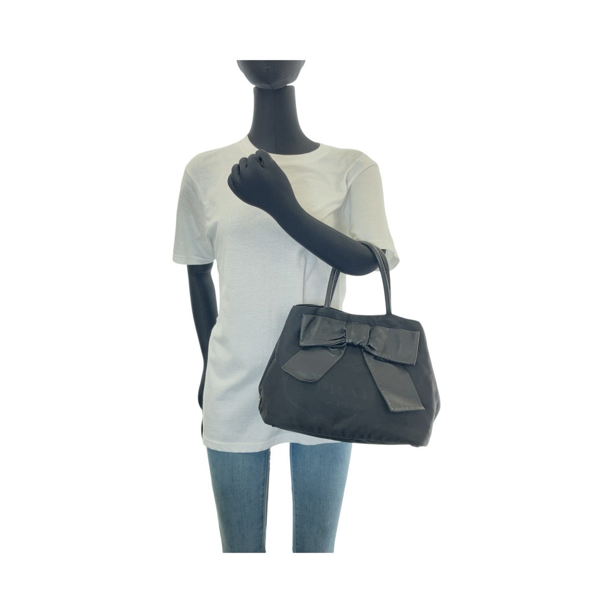 13528
PRADA プラダ 三角ロゴプレート リボン ブラック 黒 ゴールド金具 ナイロン / レザー トートバッグ ハンドバッグ  レディース