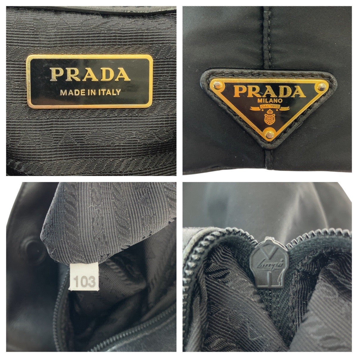 13528
PRADA プラダ 三角ロゴプレート リボン ブラック 黒 ゴールド金具 ナイロン / レザー トートバッグ ハンドバッグ  レディース