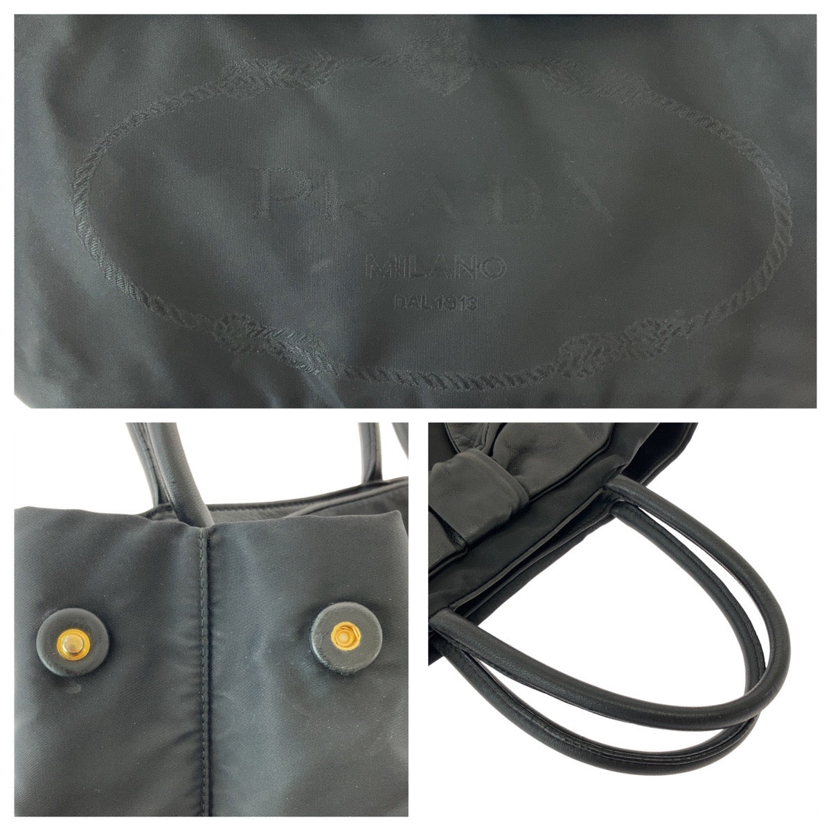 13528
PRADA プラダ 三角ロゴプレート リボン ブラック 黒 ゴールド金具 ナイロン / レザー トートバッグ ハンドバッグ  レディース