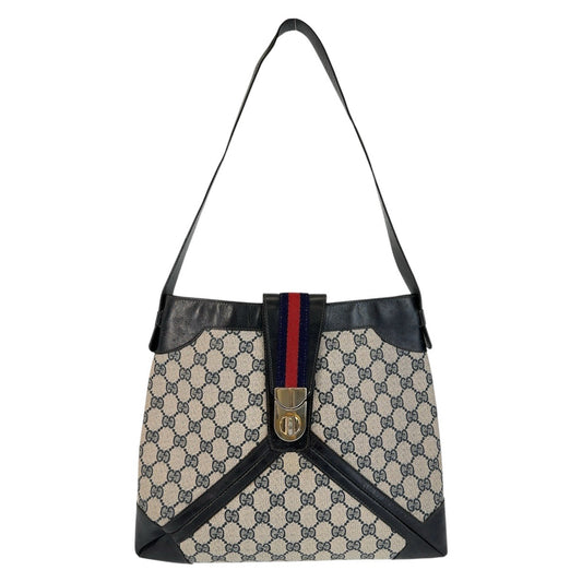 13531
GUCCI グッチ ヴィンテージ オールドグッチ シェリーライン ネイビー グレー ゴールド金具 GGスプリームキャンバス / レザー ホーボー ショルダーバッグ  レディース