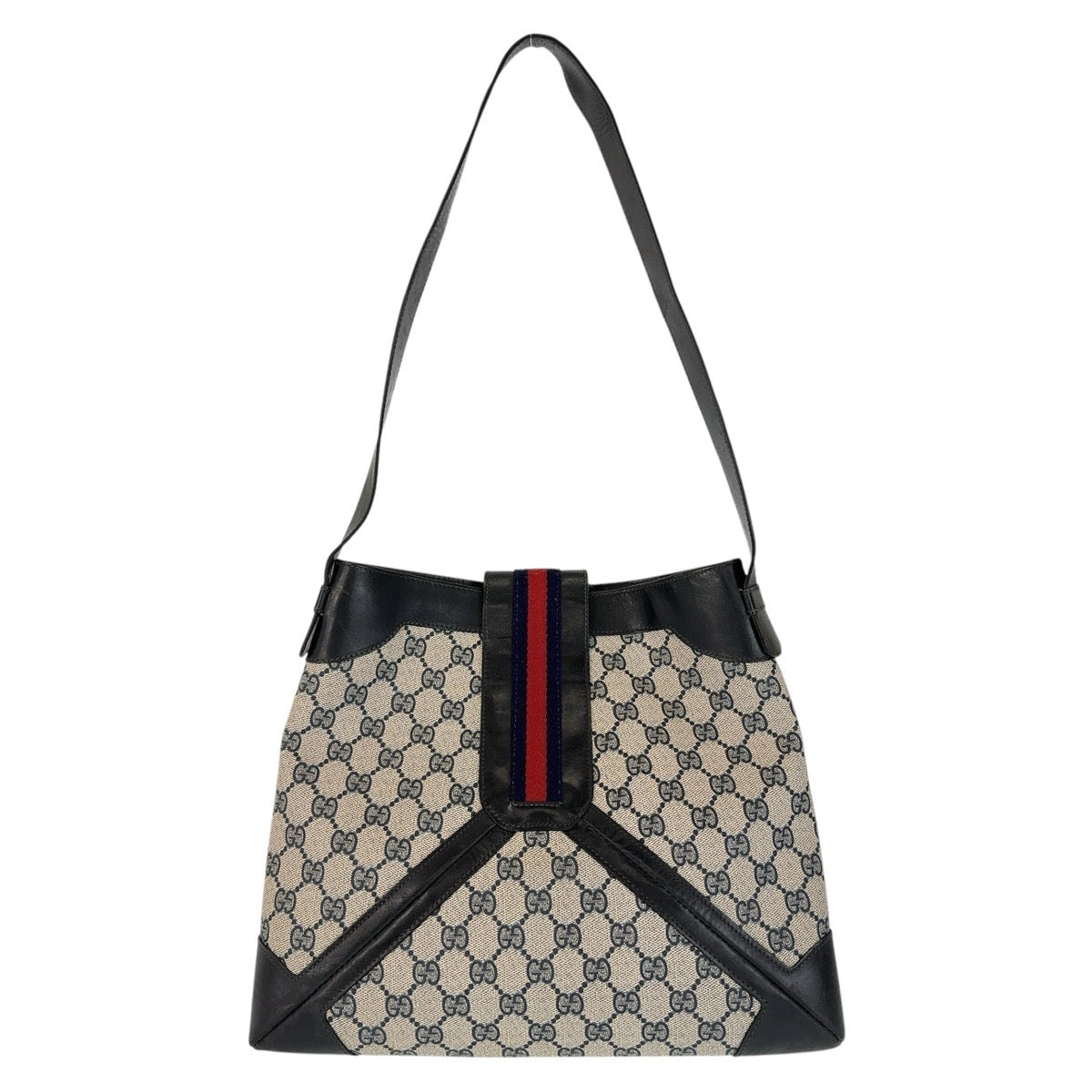13531
GUCCI グッチ ヴィンテージ オールドグッチ シェリーライン ネイビー グレー ゴールド金具 GGスプリームキャンバス / レザー ホーボー ショルダーバッグ  レディース