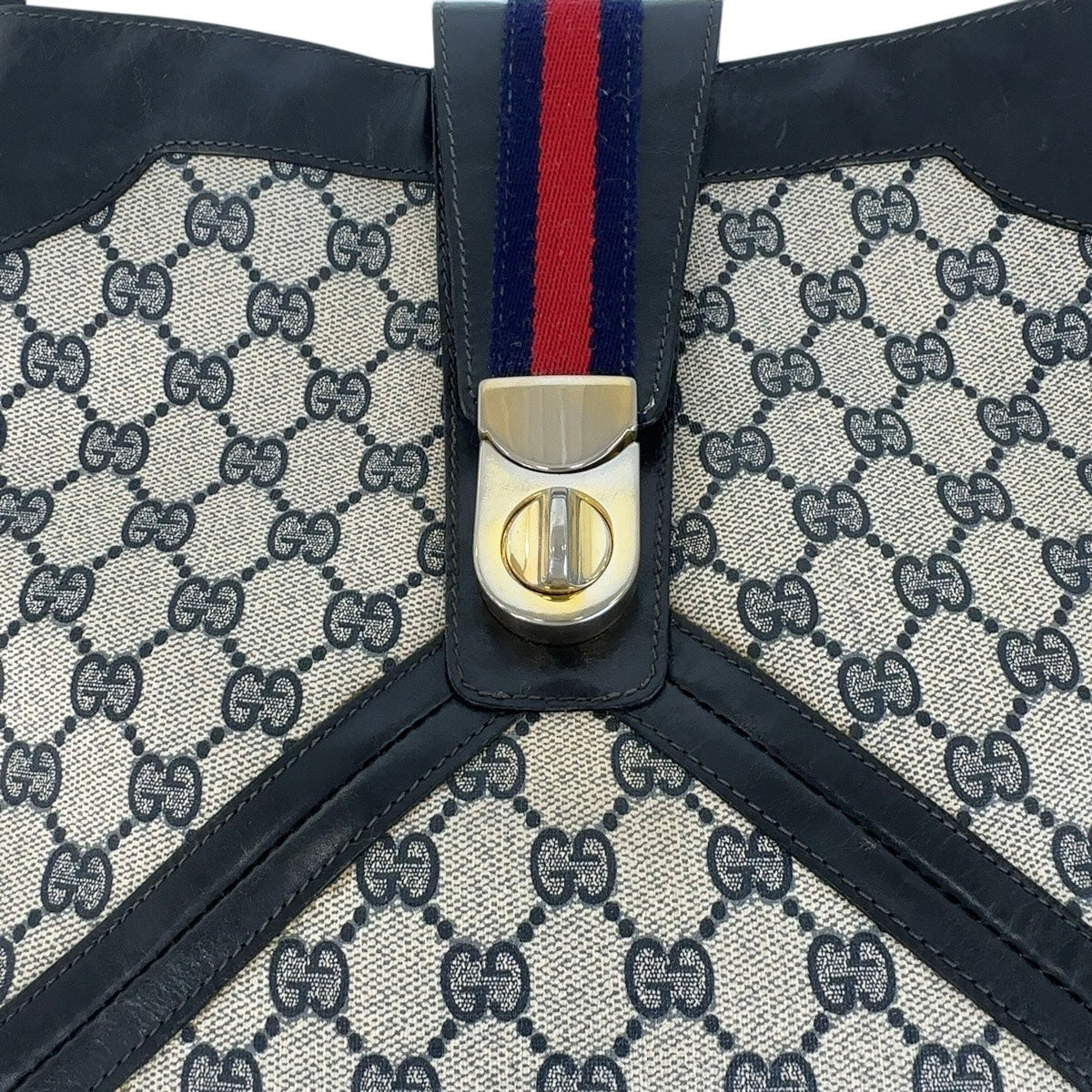 13531
GUCCI グッチ ヴィンテージ オールドグッチ シェリーライン ネイビー グレー ゴールド金具 GGスプリームキャンバス / レザー ホーボー ショルダーバッグ  レディース