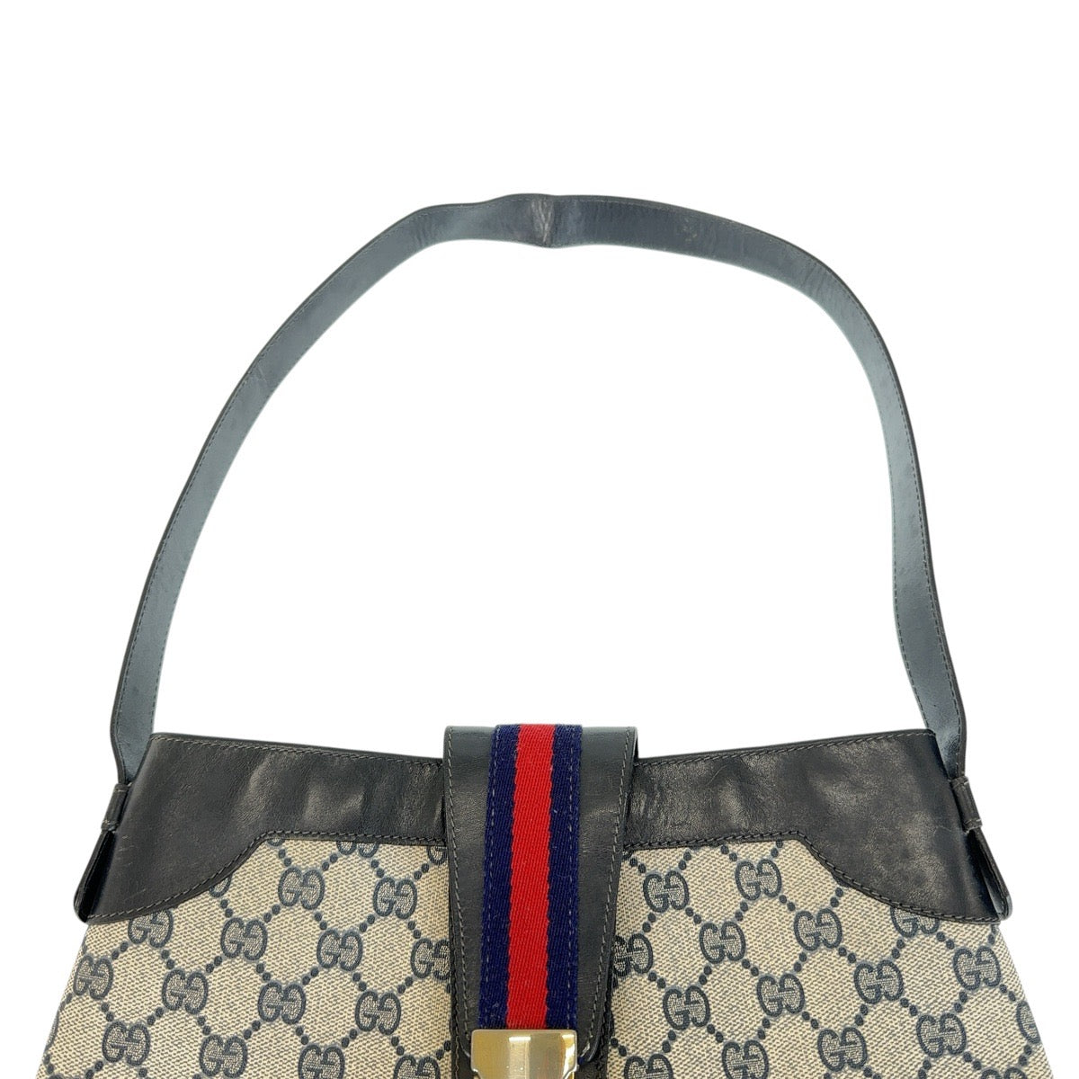 13531
GUCCI グッチ ヴィンテージ オールドグッチ シェリーライン ネイビー グレー ゴールド金具 GGスプリームキャンバス / レザー ホーボー ショルダーバッグ  レディース