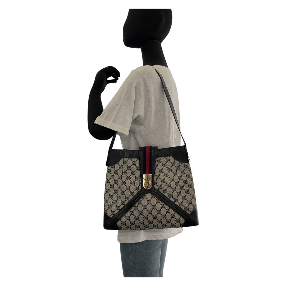 13531
GUCCI グッチ ヴィンテージ オールドグッチ シェリーライン ネイビー グレー ゴールド金具 GGスプリームキャンバス / レザー ホーボー ショルダーバッグ  レディース